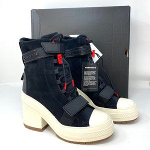 Converse Black Suede High-Top Platform Sneakers with Cream Soles and Red Accents